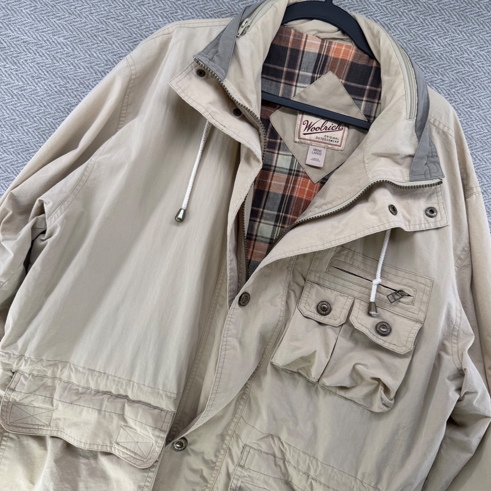 Woolrich Mens Large Tan Khaki Utility Field Jacket Plaid Lined Hooded Cargo Coat